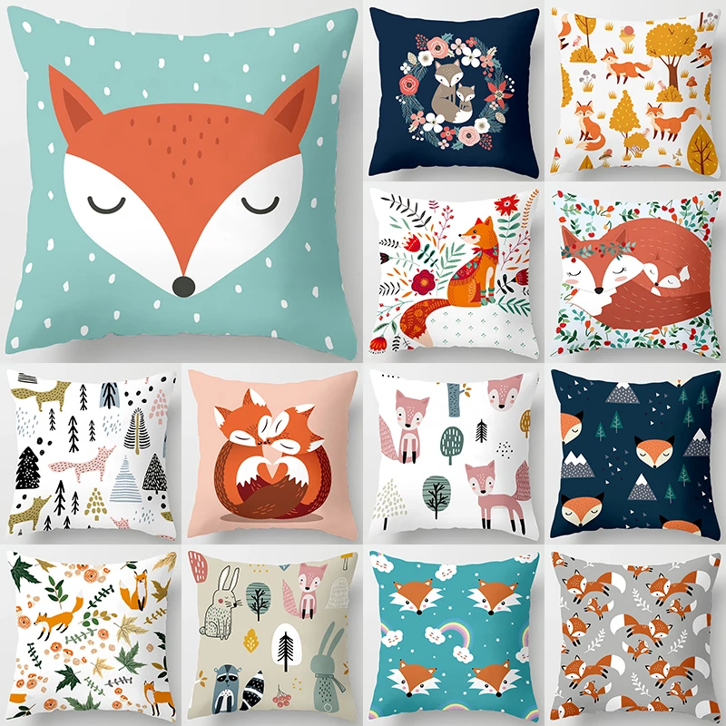 Cartoon Fox Animal Decorative Cushions Pillowcase Polyester Cushion Cover Throw Pillow 45*45 Sofa Decoration Pillowcover 40879