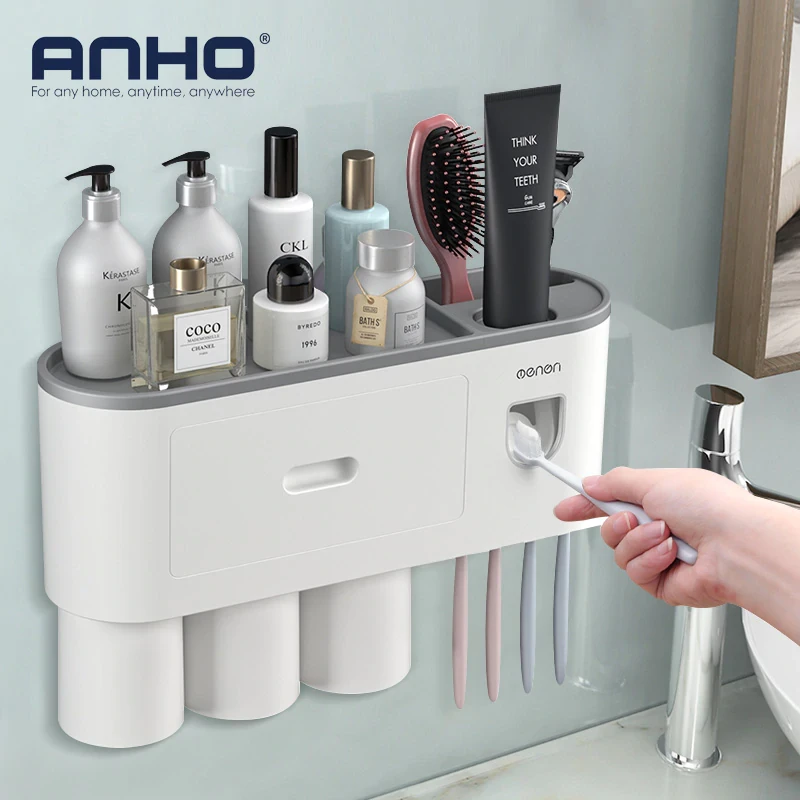 Toothbrush Holder Wall Automatic Toothpaste Squeezer Dispenser Magnetic Adsorption Inverted Cup Storage Rack Bathroom Accessorie