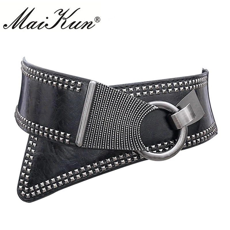 Christmas 2020 Maikun Fashion Punk Rocker Wide Belts for Women Elastic Wide European Style Women Belts Metal Round Buckle