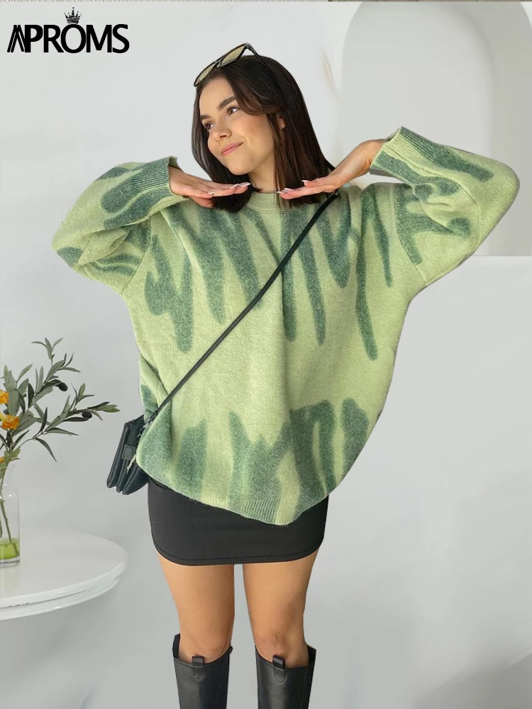 Aproms Elegant Green Striped Print Oversized Pullovers Women Winter O-Neck Loose Long Sweaters Streetwear Warm Outerwear 2021