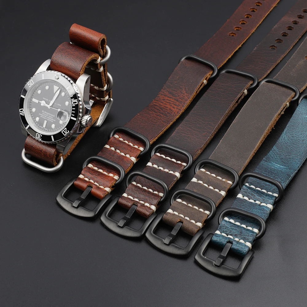 Onthelevel Leather Nato Watch Strap 18mm 20mm 22mm 24mm Zulu Watch Band Blue Brown Coffee Colour Military Style Straps