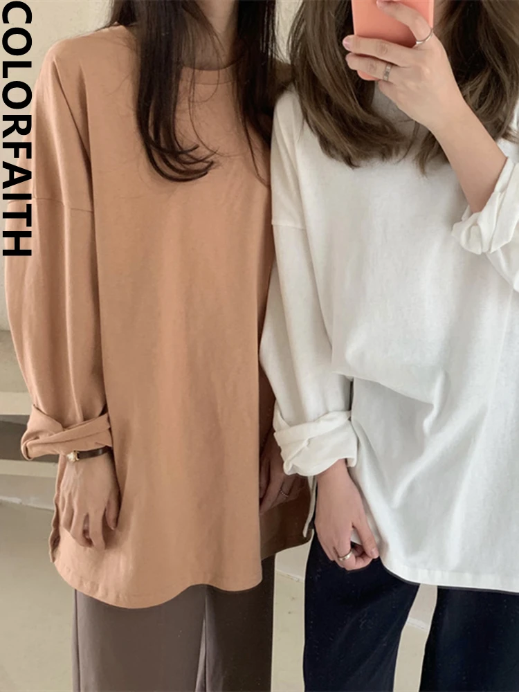 Colorfaith New 2021 Autumn Trend T-Shirts Oversized Solid Bottoming Long Sleeve Wild Korean Minimalist Style Tops T601