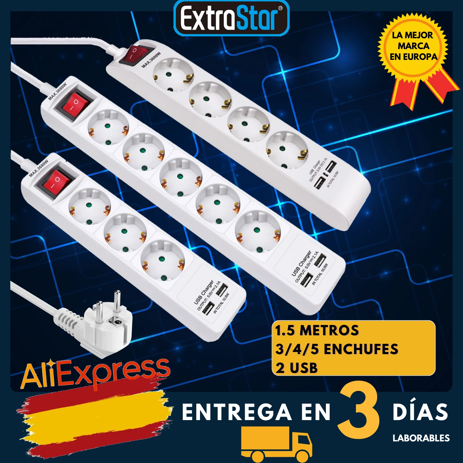 ExtraStar®White outlet strip 1.5 meters with 3/4/5 plugs and 2 USB ports
