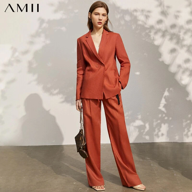 Amii Minimalism Spring New Blazer Women Offical Lady Solid Lapel Suit Coat Women High Waist Loose Female Pants  12140159