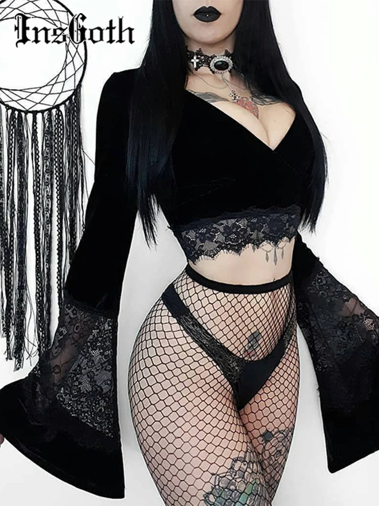 InsGoth Sexy Women Gothic Crop Top Flare Long Sleeve Lace Hollow Out Black T-shirt Retro Bodycon Female V-neck Tops Elegant Top