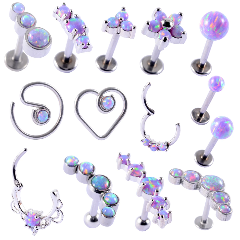 1PC Opal38 Cluster Ear Tragus Helix Cartilage Piercing Surgical Steel Opal Nose Ring Septum Clicker Daith Earring Labret Jewelry