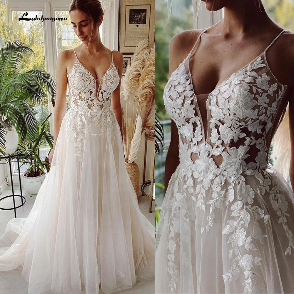 Robe Vintage Beach Wedding Dresses 2021 Tulle Long Lace Beach Bridal Gown A-Line Court Train vestido de noiva Lakshmigown