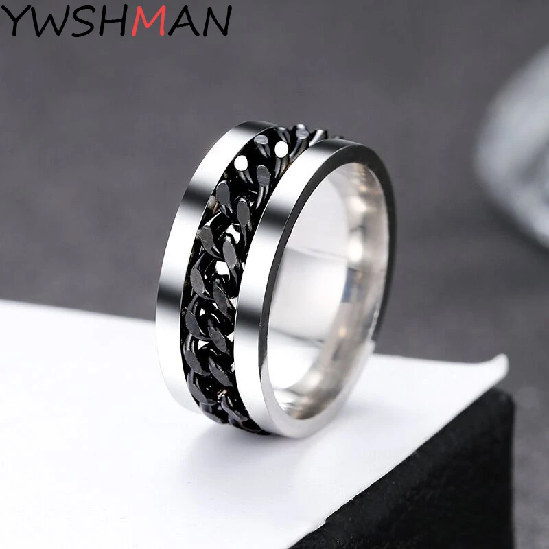 Stainless Steel 8mm Chain Spinner Ring For Men Blue Gold Cool Black Punk Rock Rotatable Rings Accessories Jewelry Gift