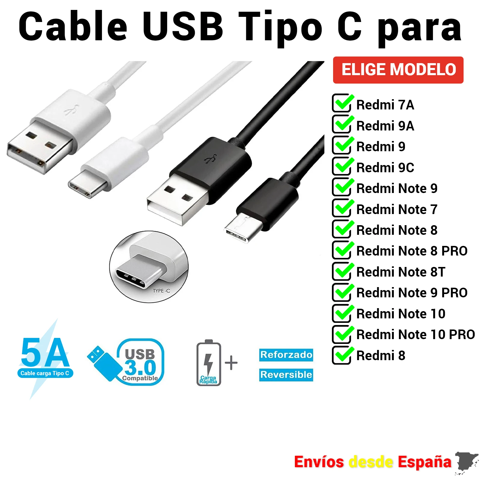 USB Type-C Cable for Xiaomi Redmi 7A 8T 9 9A 9C 9T Note PRO fast charging and mobile data 1 meter and 2 meters