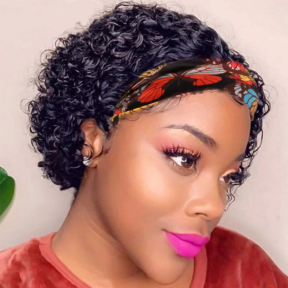 Short Curly Headband Wig Human Hair Wigs Brazilian Remy Full Machine Made Wig Short Deep Wave Human Hair Wig For Black Women