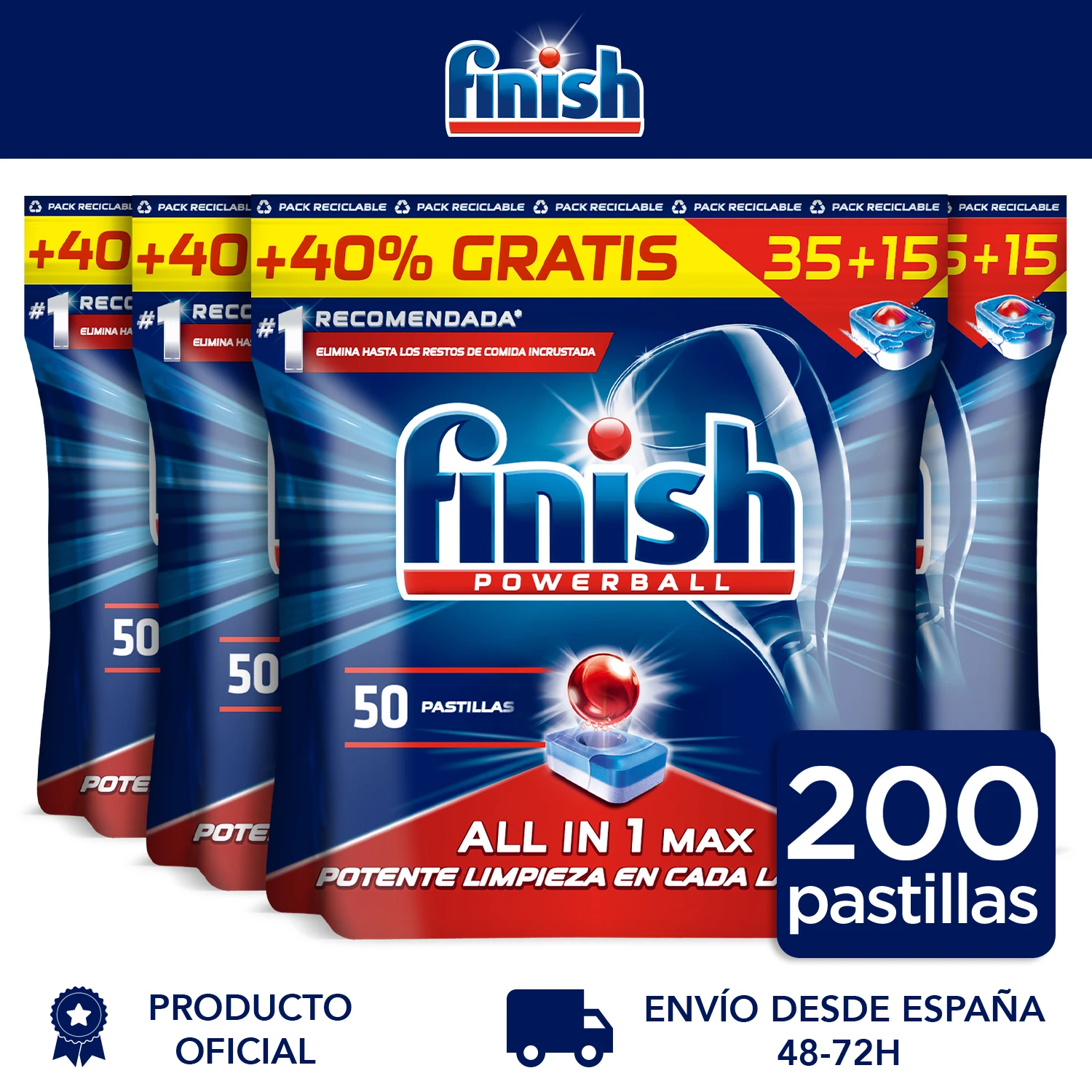 Finish Powerball All in 1 Max, dishwasher pads All in one, lemon scent-4 Pack-200 tablets