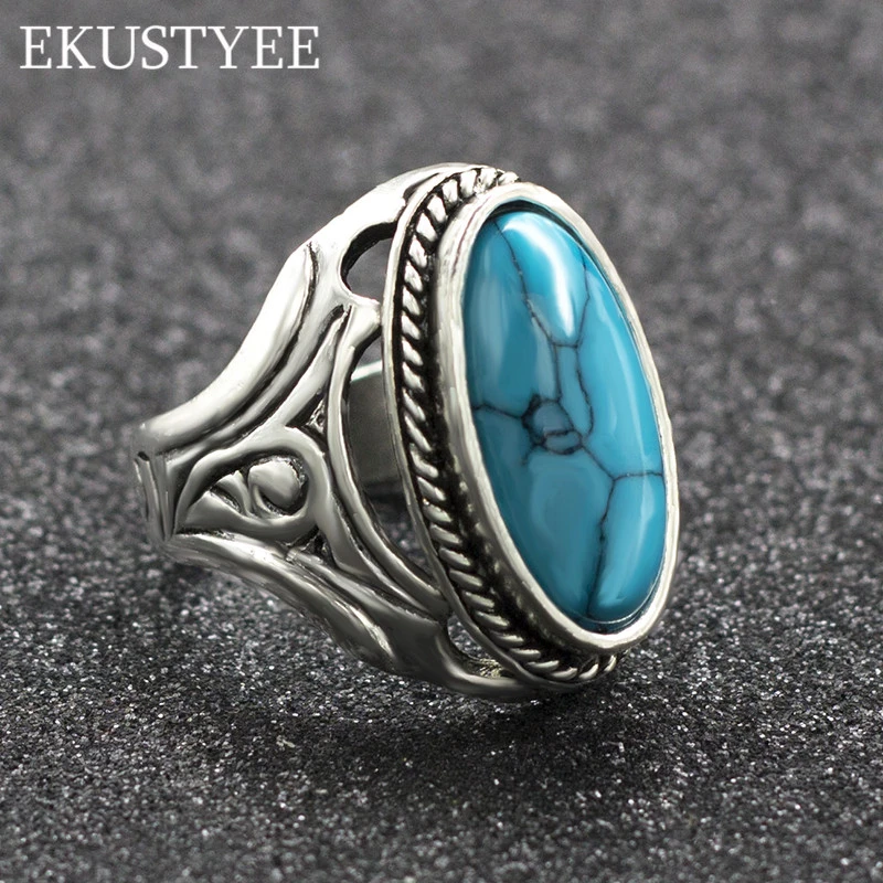 Vintage Antique Natural Stone Ring Fashion Jewelry Blue turquoises Finger Ring For Women Wedding Anniversary Rings