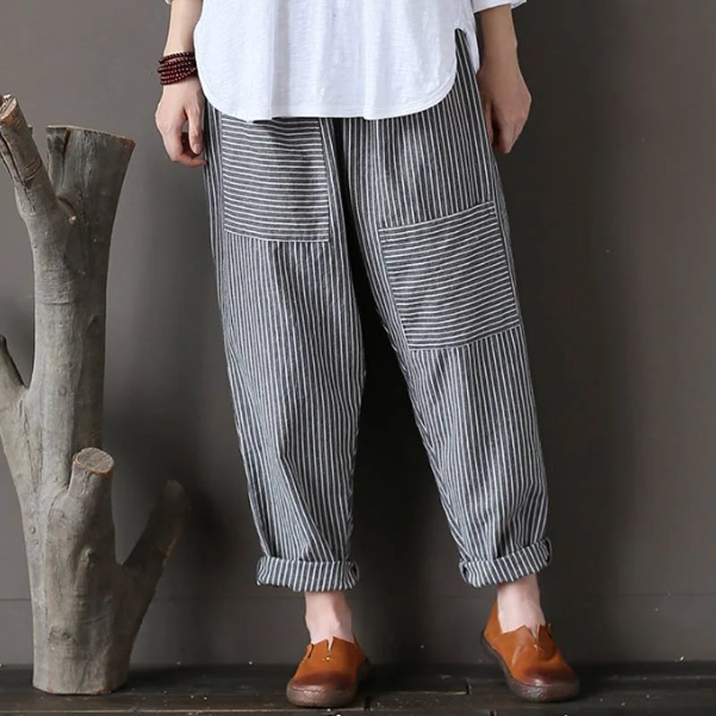 2021 Oversize ZANZEA Women Striped Pants Elastic Waist Cotton Linen Pantalon Loose Long Harem Trousers Casual Baggy Streetwear