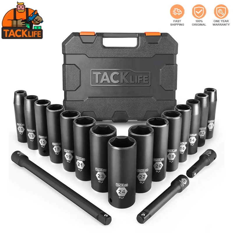 TACKLIFE HIS1A 18 Pcs 1/2-Inch Drive Deep Impact Socket Set 15pcs Metric Sockets With 3pcs Extension Bar Set Repair Tools