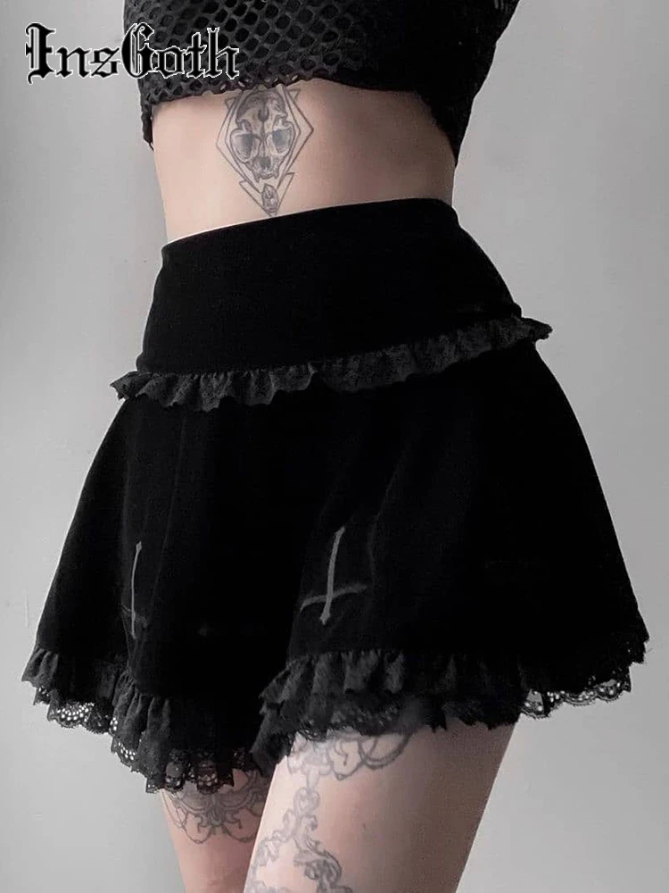 InsGoth Goth Cross Embroidered Black Skirt Gothic Vintage Lace Velvet Emo Alt Skirt Fairy Grunge High Waist A Line Mini Skirt