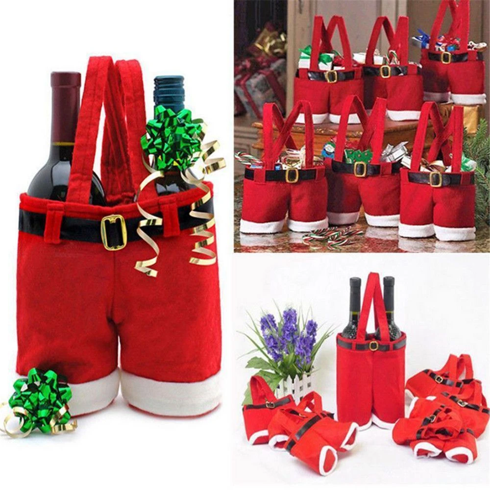 1Pcs Merry Christmas Gift Treat Candy Wine Bottle Holder Santa Claus Suspender Pants Trousers Decor Christmas Gift Bags Cute