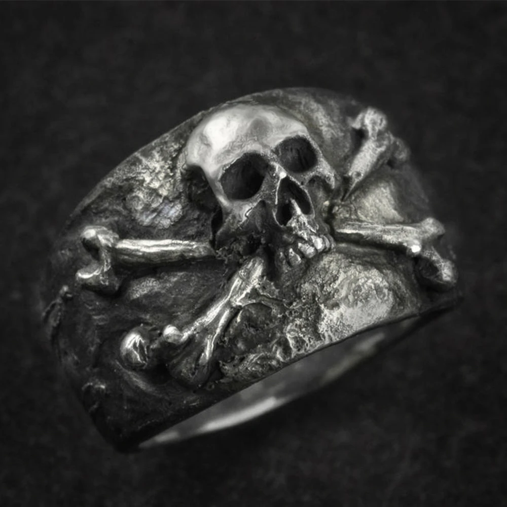 EYHIMD Vintage Crossbones Pirate Skull Ring Mens Silver Color Biker Stainless Steel Rings