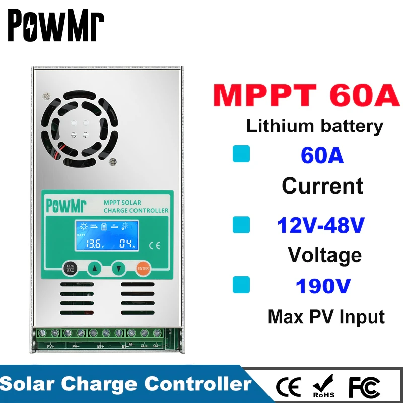 PowMr Solar Charge Controller MPPT 60A 12V 24V 36V 48V Auto For Max 190VDC PV Input Vented Sealed Gel Nicd Li Solar Cells Panel