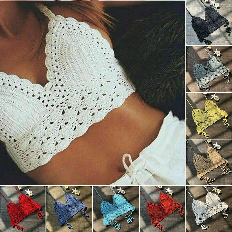 New Sexy Bikini Crop Top Women Crochet Boho Beach Camisoles Bikini Bralette Halter Cami Knitted Bra Backless Beachwear Tank Top