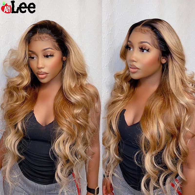 13x6 Honey Blonde Ombre Wig 1B/27 Lace Front Human Hair Wigs Body Wave Peruvian Pre Plucked 13x4 Transparent Lace Frontal Wigs