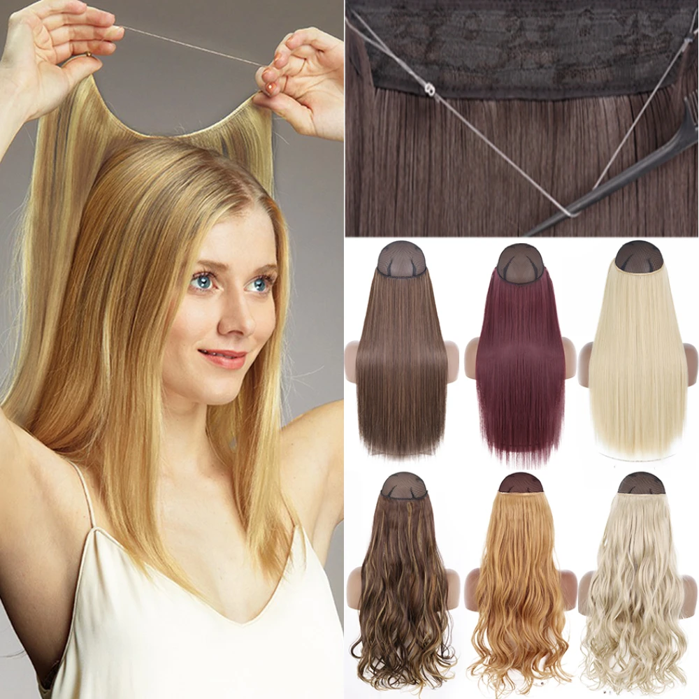 No Clip Invisible Wire Hair Extensions Straight Synthetic Natural Black Blonde One Piece False Hairpiece Halo Hair Extension