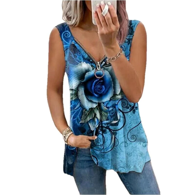 2021 Summer V-neck Zipper Rose Printing Sleeveless Tops Women Casual Loose Tank Top Ladies T-shirt Plus Size Sexy Vest Top