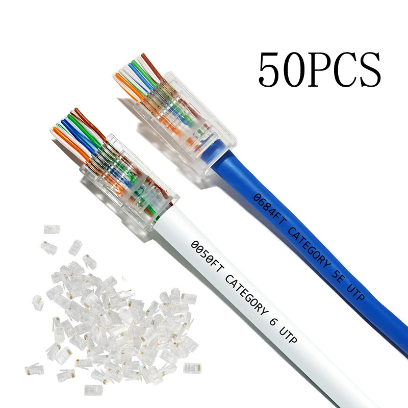 50Pcs CAT6 Connector Plugs RJ45 Network Cable Modular Pass Through CAT6 RJ45 Connector Plugs 8P8C Accessories Strong Plasticity