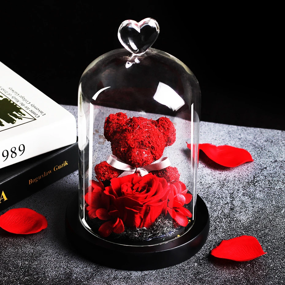 Teddy Bear Flower Eternal Rose Beauty And The Beast Dried Flowers In Glass Dome LED Wedding Home Decor Birthday Valentine Gift