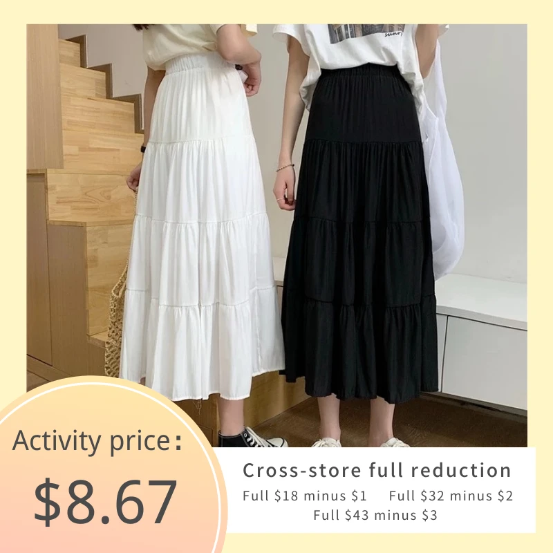 Spring Summer Women Chiffon Skirts White Black Chic A-line Skirt Korean Fashion Preppy Style Vintage High Waist Patchwork Solid