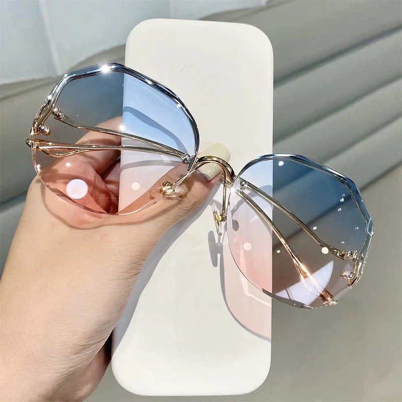 Fashion Brand Design Gradient Sunglasses Women Men Ocean Water Cut Trimmed Lens Metal Curved Temples Sun Glasses Female UV400