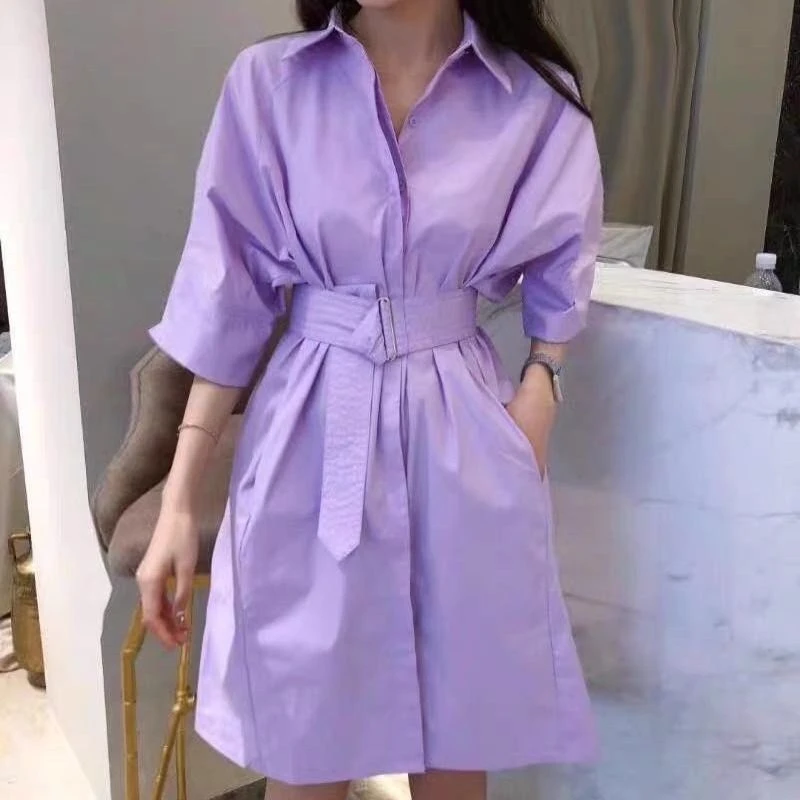 Shirt Dress Women Summer Short Sleeve Casual White With Belt Vestidos Vintage Elegant Purple Office Robe Femme Ete 2021