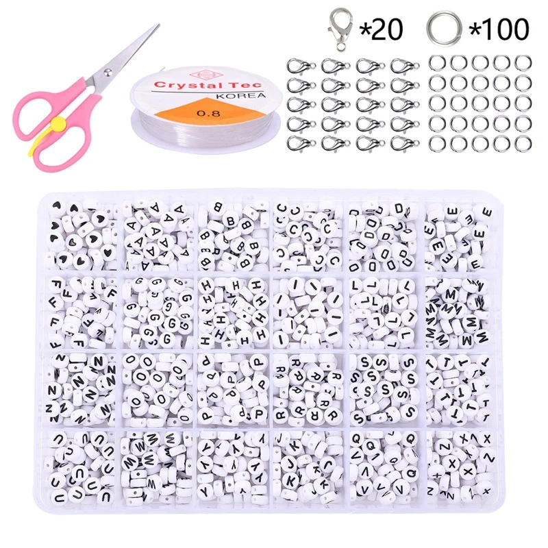 1200pcs Square Acrylic English Letters Beads With Tools Set For Bracelet Jewelry Making Flat Plastic Alphabet Number Beads Boxes