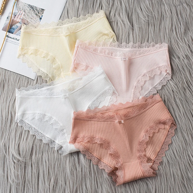 2021 Fashion Women Casual Panties Lace Mid-waist Underwear Threaded Brief Solid Color Skin-Friendly Ladies Underpants Breathable